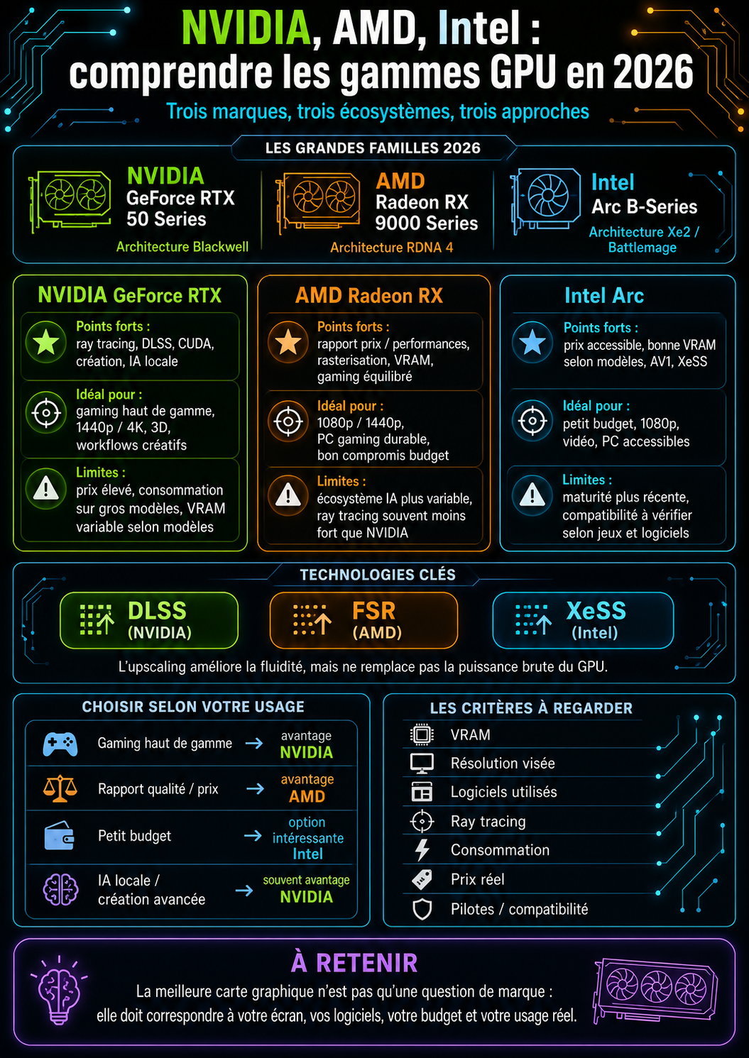 Illustration de NVIDIA, AMD, Intel : comprendre les gammes de cartes graphiques en 2026