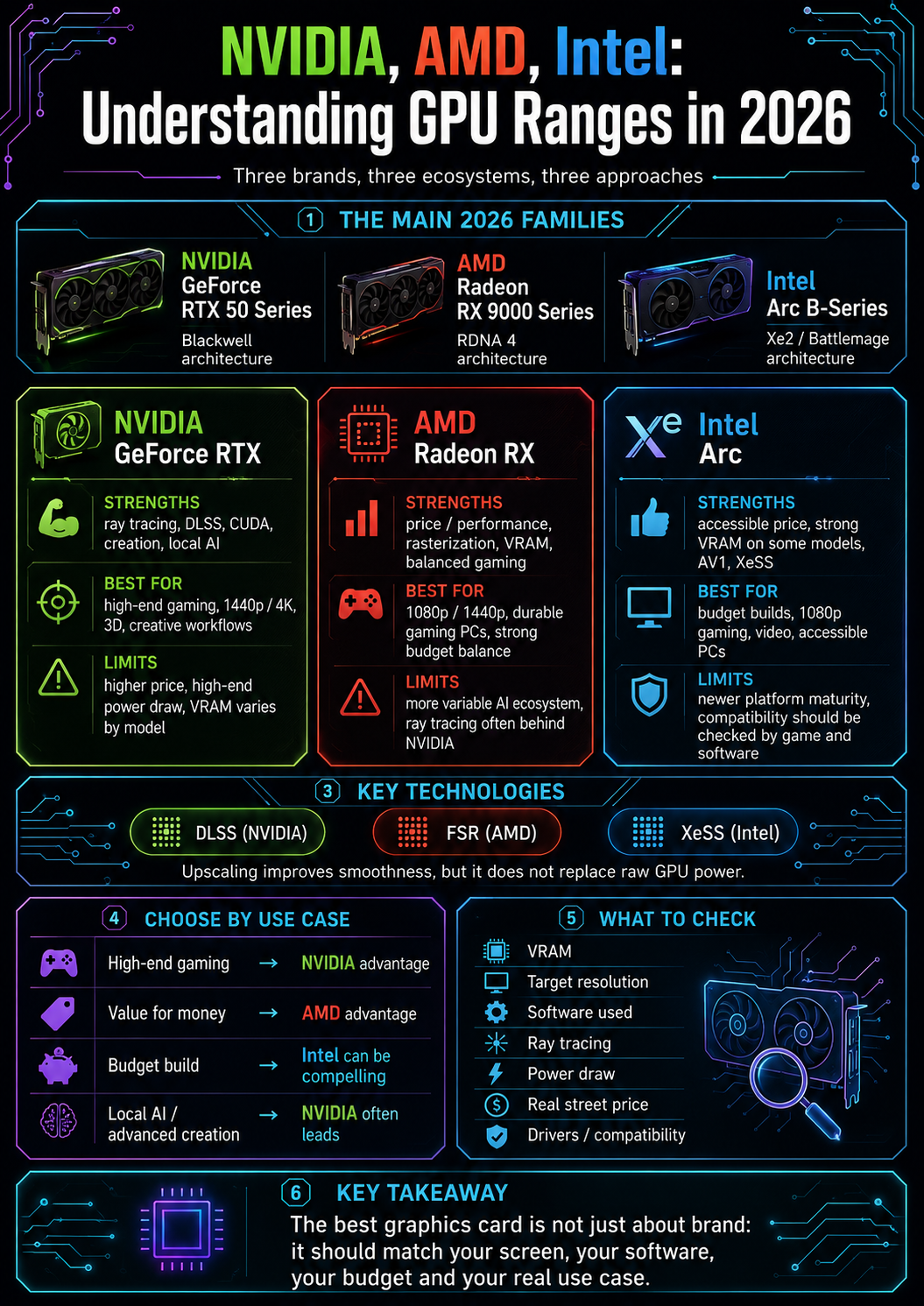 Ilustración de NVIDIA, AMD, Intel: entender las gamas de tarjetas gráficas en 2026