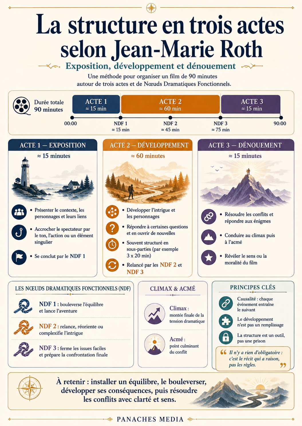 Illustration de La structure en trois actes selon Jean-Marie Roth : exposition, développement et dénouement