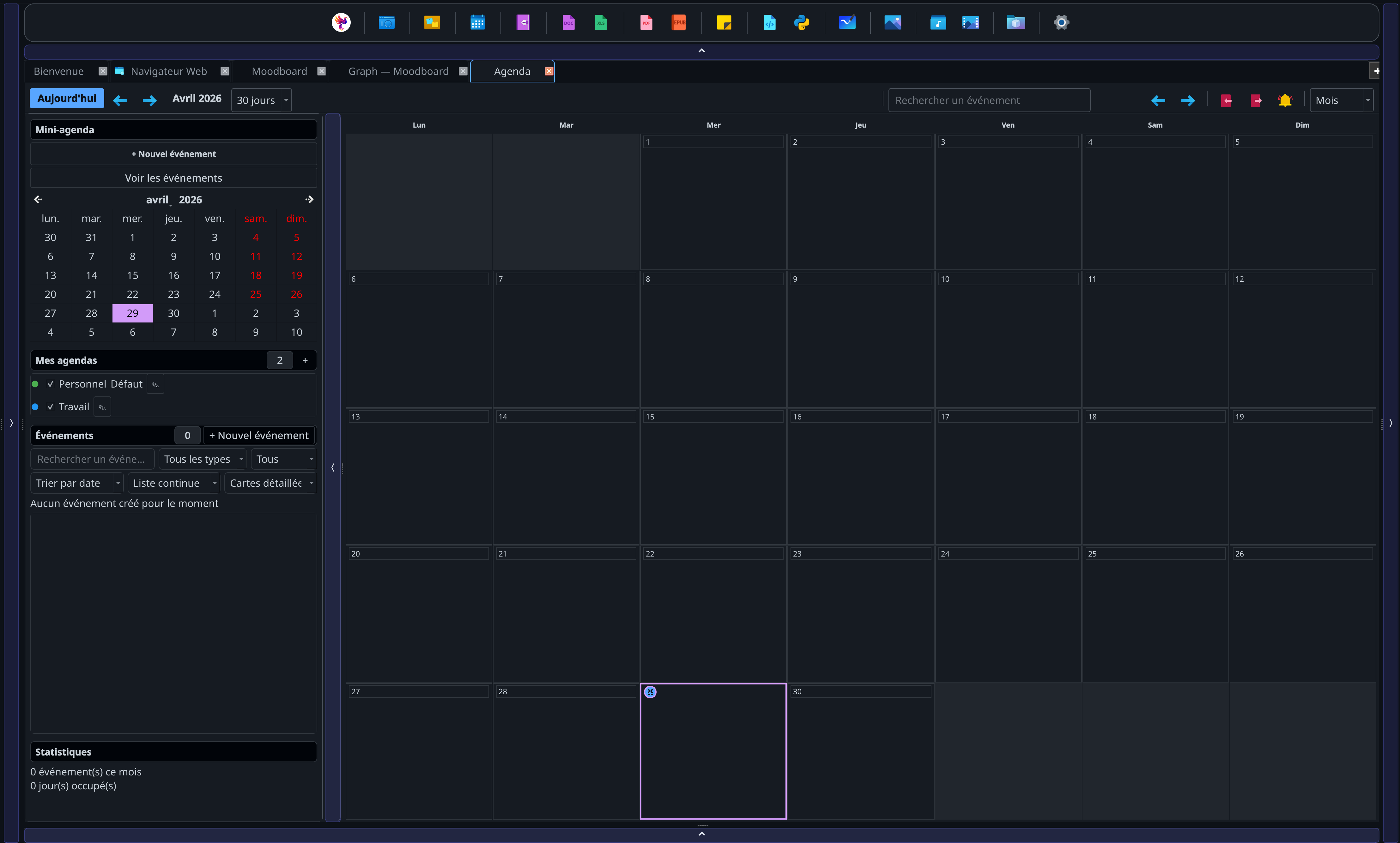 Screenshot of the PANACHES Calendar module with calendar views, events and planning panels.