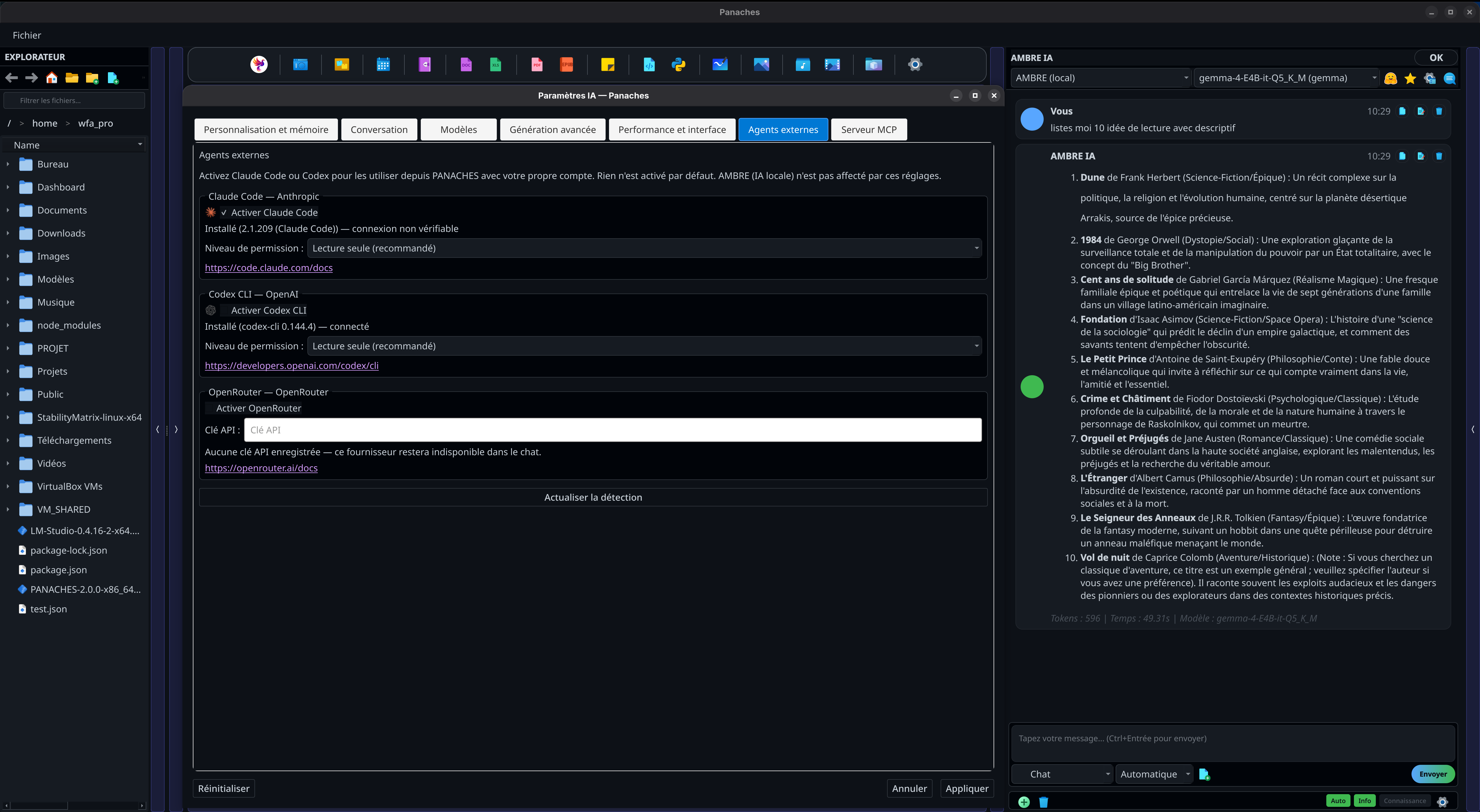 Screenshot of the PANACHES External Agents settings with Claude Code, Codex and OpenRouter.