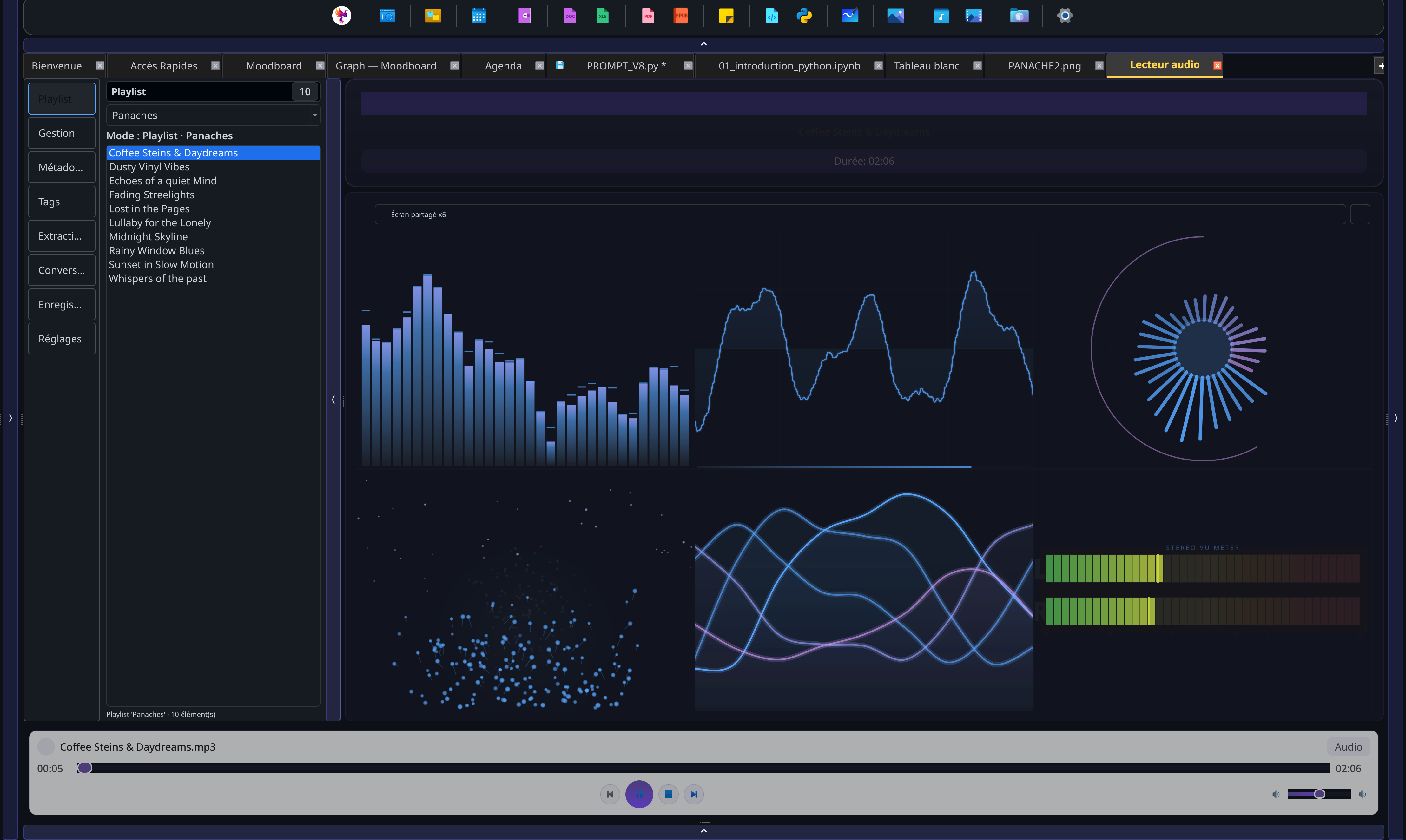 Screenshot of the PANACHES Audio module with player, playlist, visualization and metadata panel.