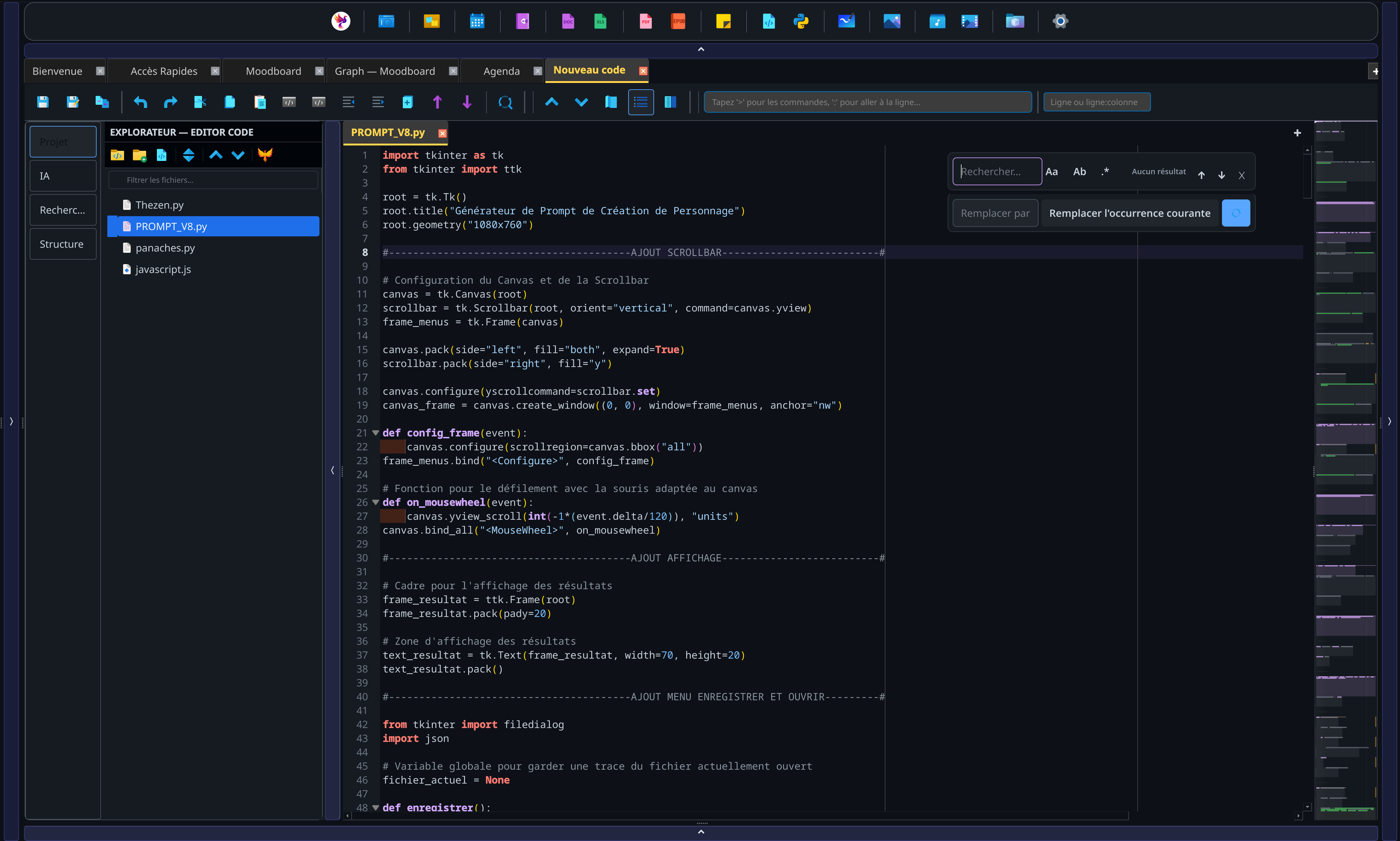 Capture de l’éditeur de code PANACHES avec coloration syntaxique, minimap, terminal et panneaux de projet.