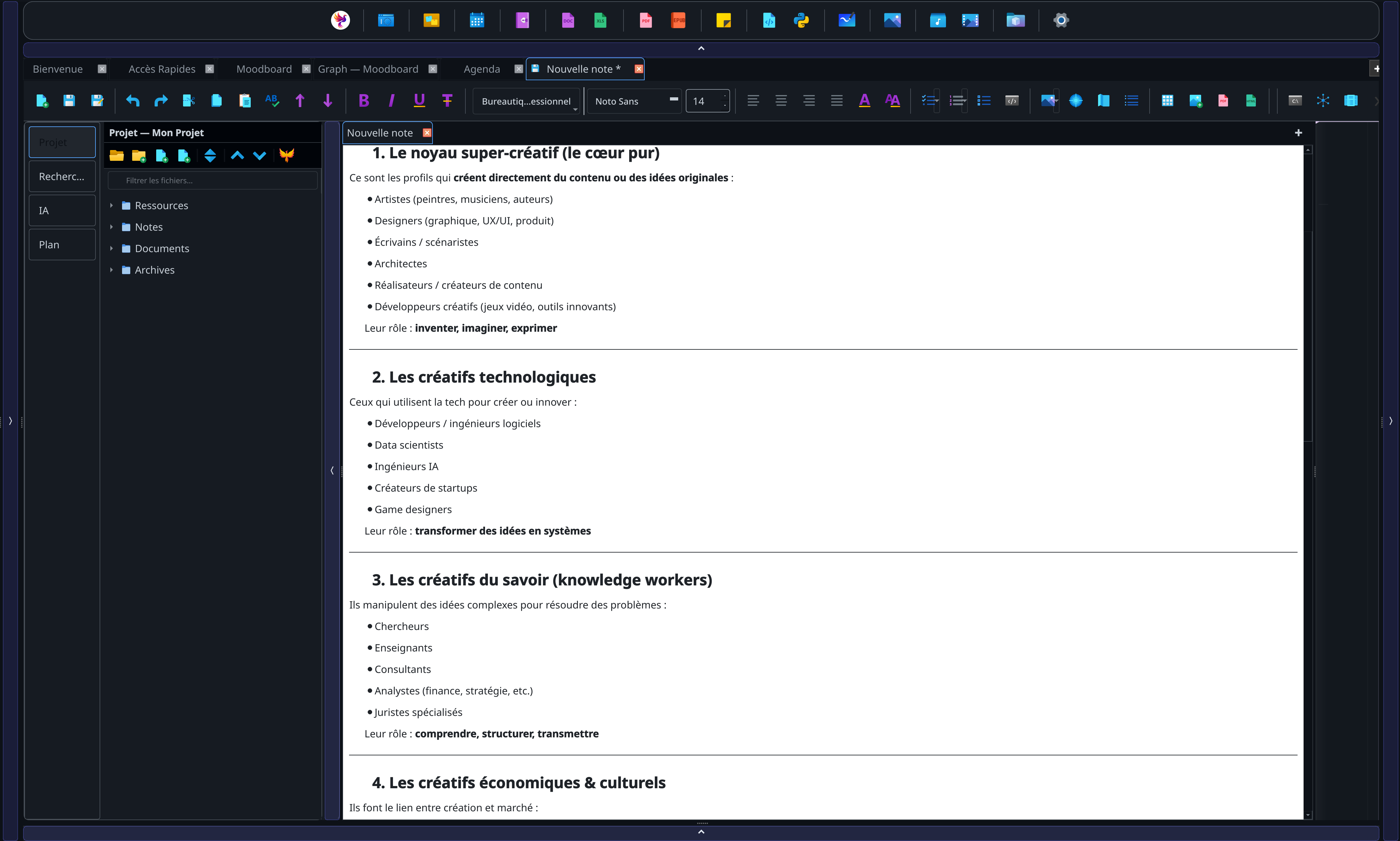 Screenshot of the PANACHES Notepad with Markdown editing, backlinks and knowledge panels.