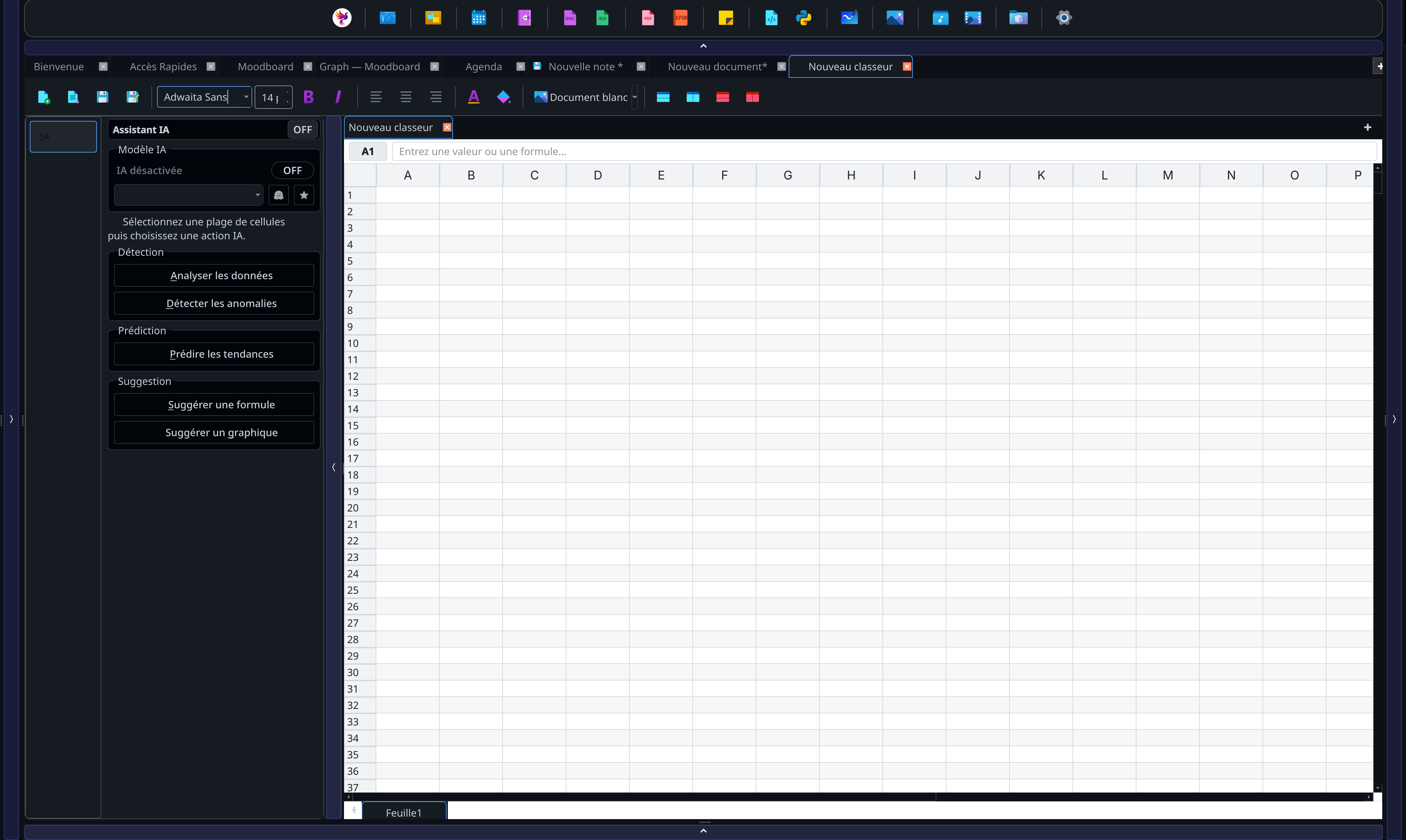 Screenshot of the PANACHES Spreadsheet module with data grid, sheets, formulas and analysis tools.