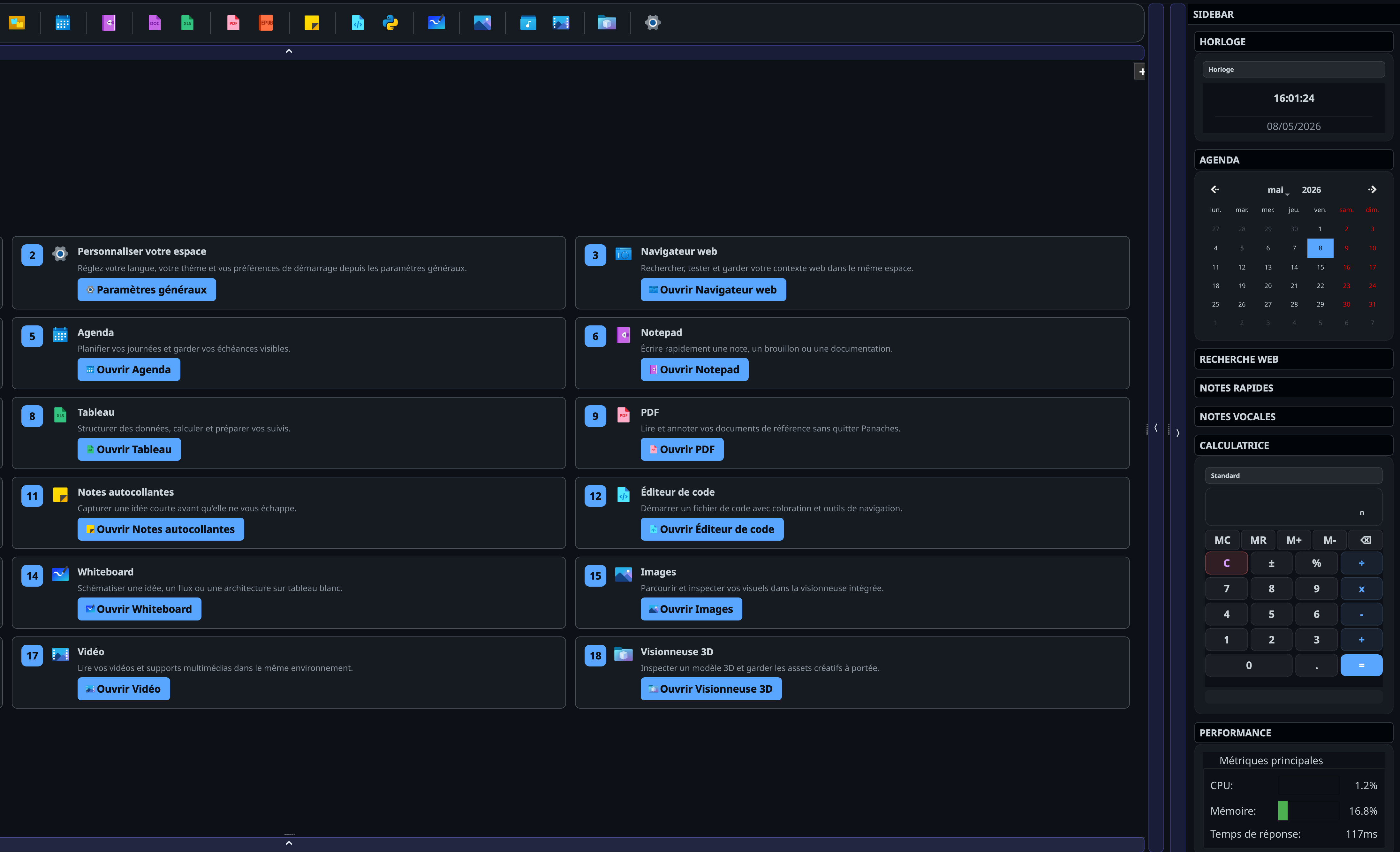 Screenshot of the PANACHES Sidebar with clock, calendar, quick notes, search and performance indicators.