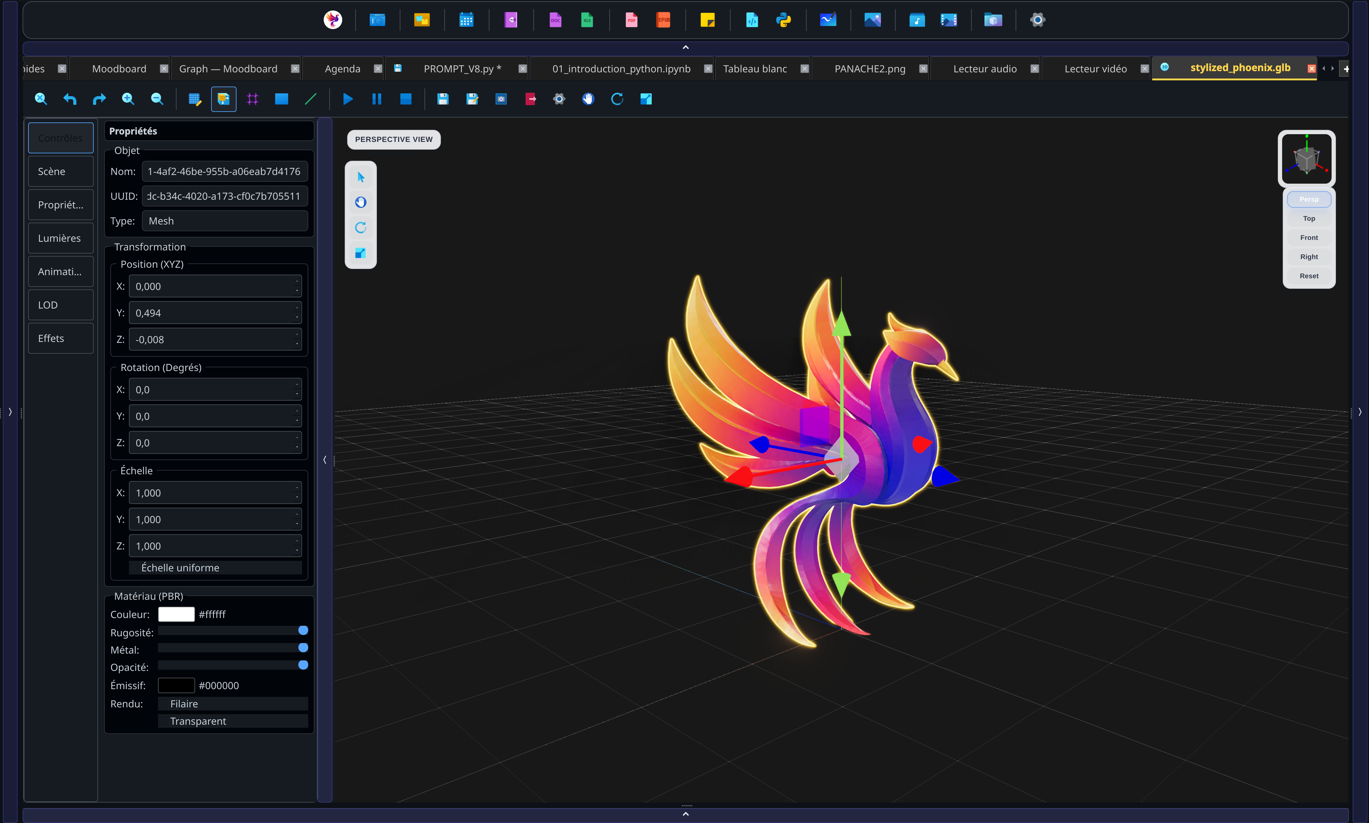 Captura del Visor 3D de PANACHES con modelo, escena, cámara, materiales y paneles de render.