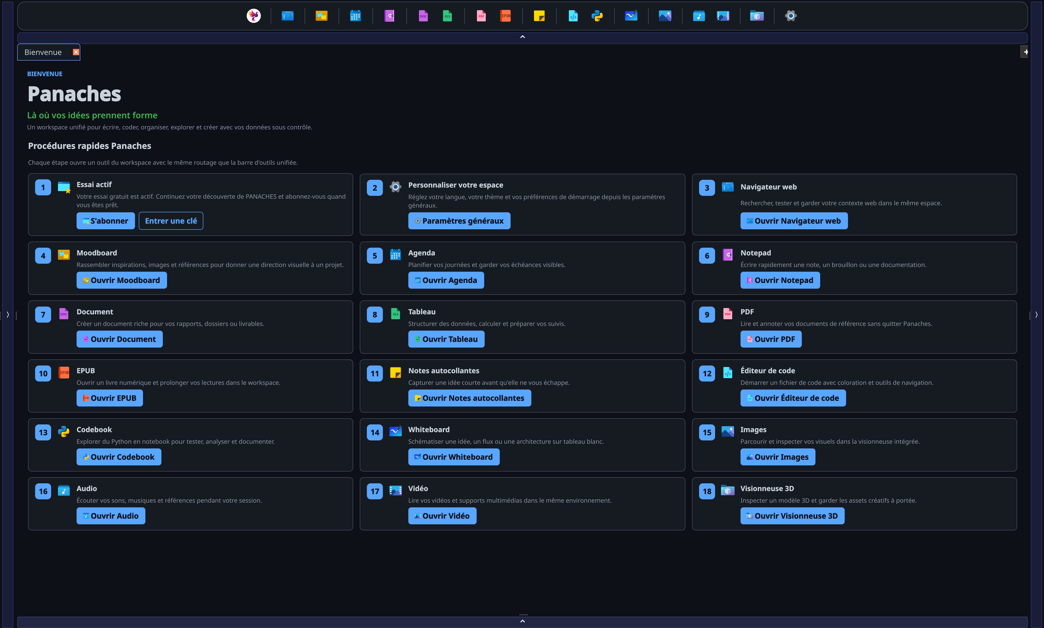 Screenshot of the PANACHES home screen with license status and activation actions.